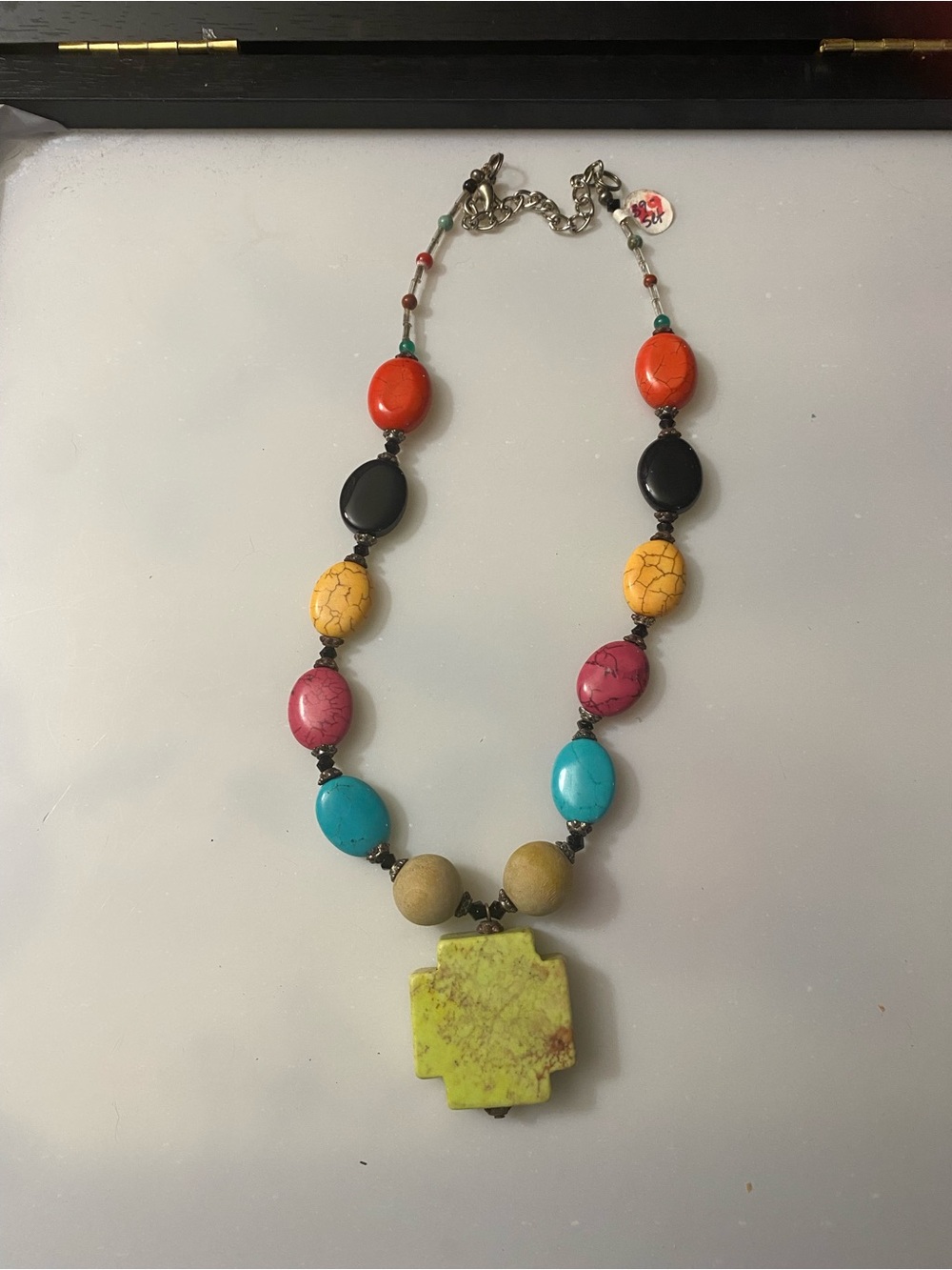 Colorful Multi-Stone Pendant Necklace - Yellow, Turquoise, Pink, Orange, Black
